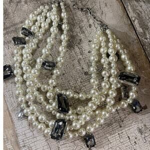 Statement 5 Strand Pearl Taupe Smoky Crystal Necklace Cowgirl Glam